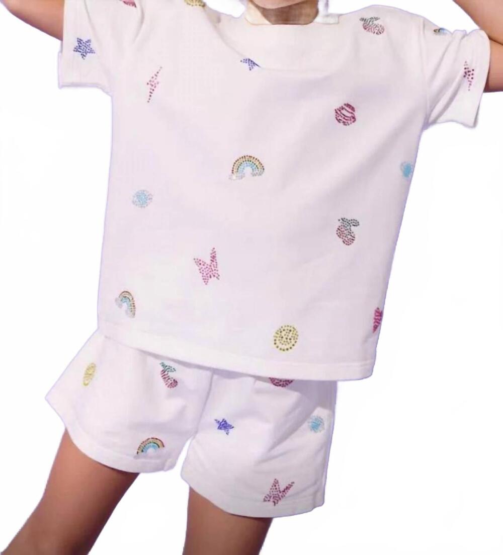 NEW LOLA + THE BOYS girl's crystal doodle short set in white